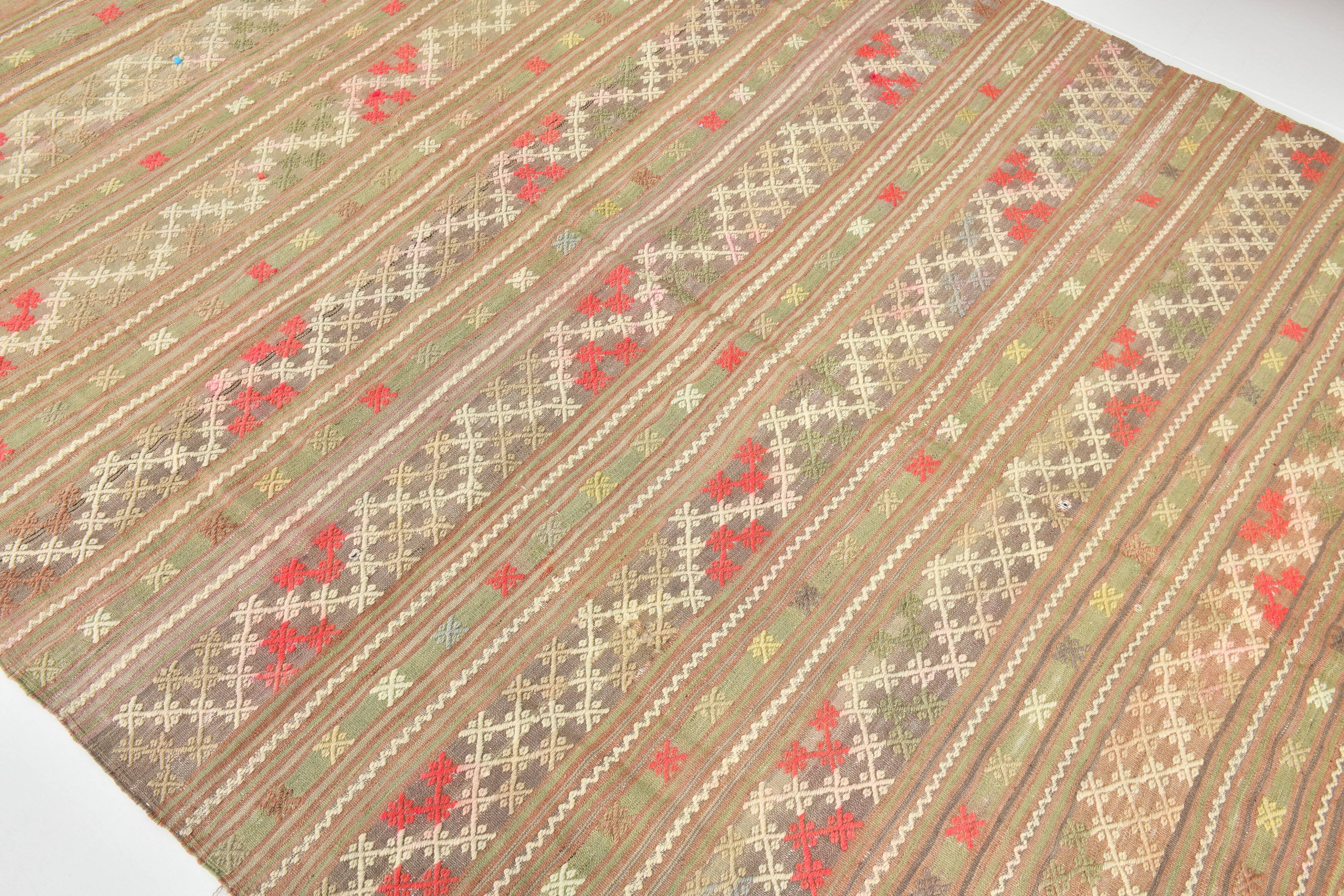 6x8 Light Green Brown Turkish Kilim Rug, 173x260Cm