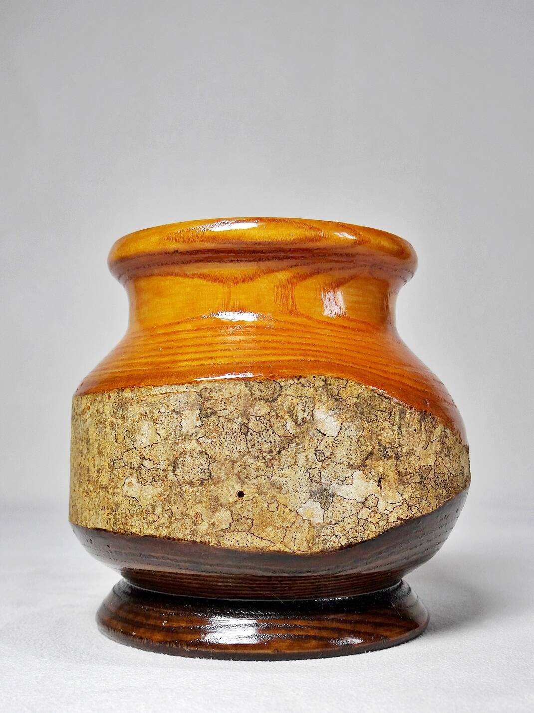 Small turned wooden vase, Brutalist, two-tone varnished with bark