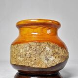 Small turned wooden vase, Brutalist, two-tone varnished with bark