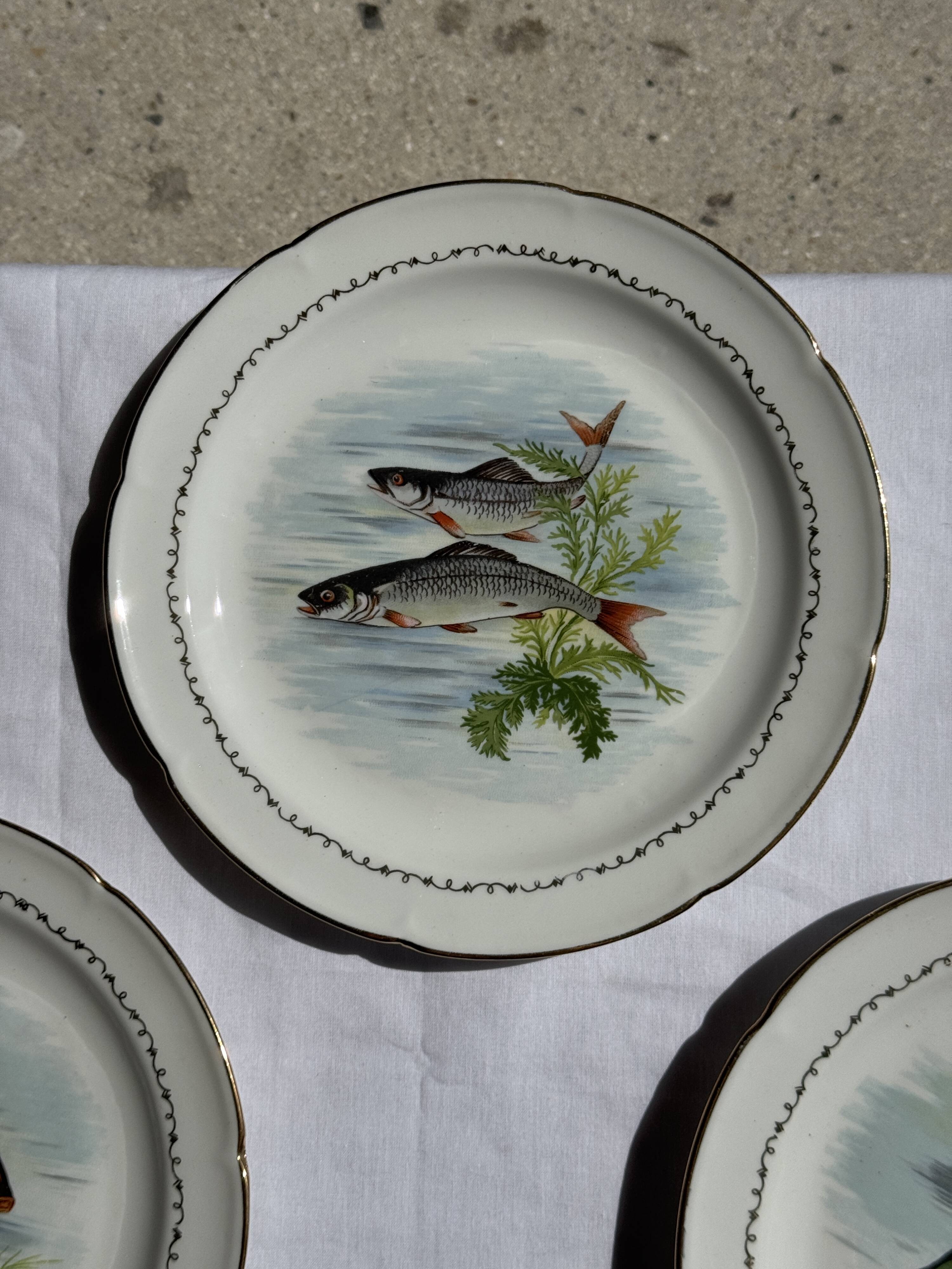 Set of 6 vintage Limoges porcelain plates with fish design.