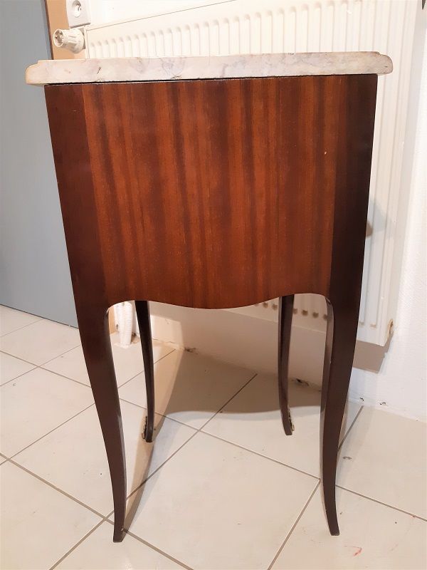 Louis XV style console bedside, curved faces, mahogany and rosewood marquetry decorated with flowers