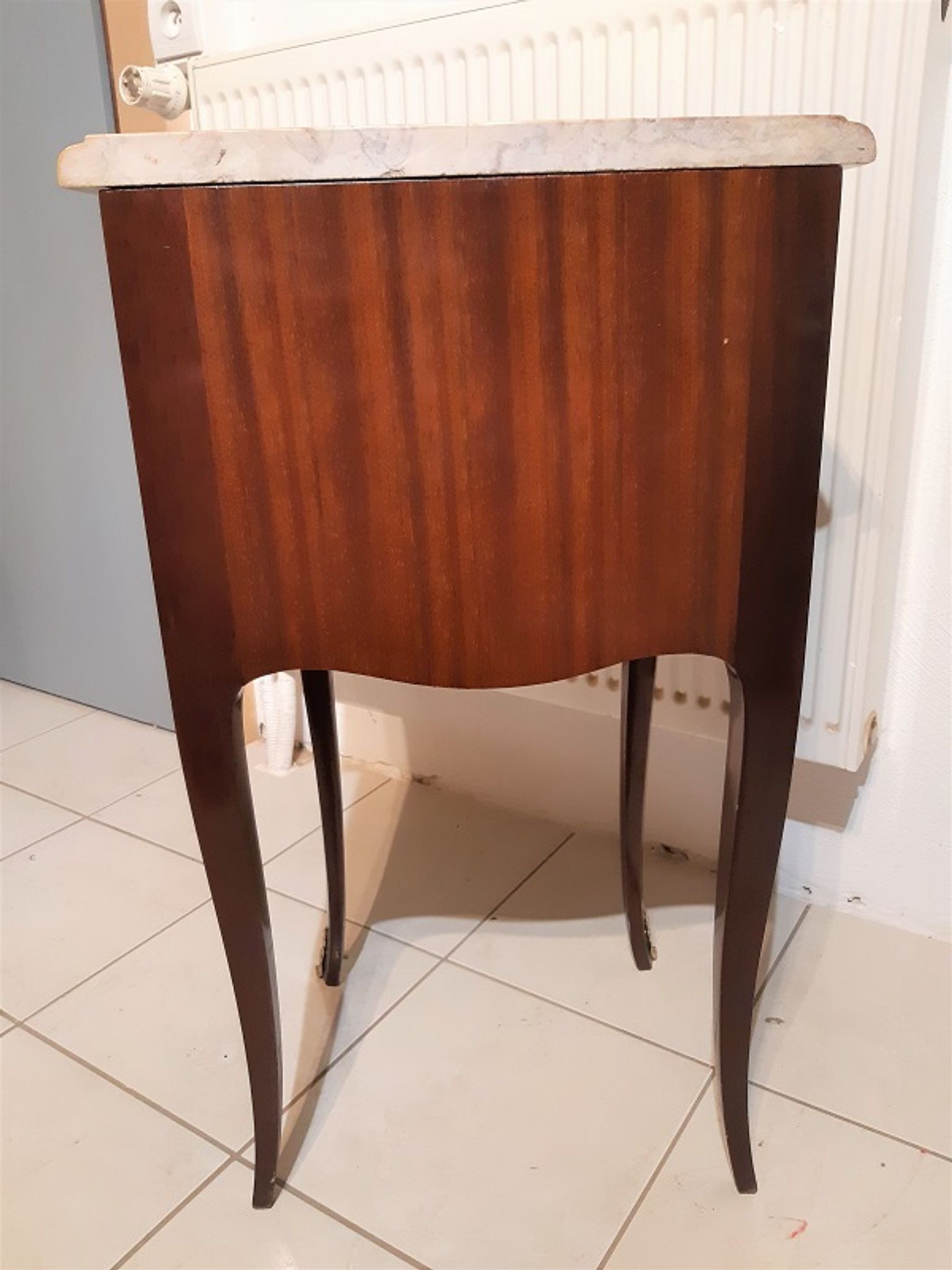 Louis XV style console bedside, curved faces, mahogany and rosewood marquetry decorated with flowers
