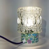 Lampe salon chevet bureau vintage verre transparent fleurs violet bleu vert