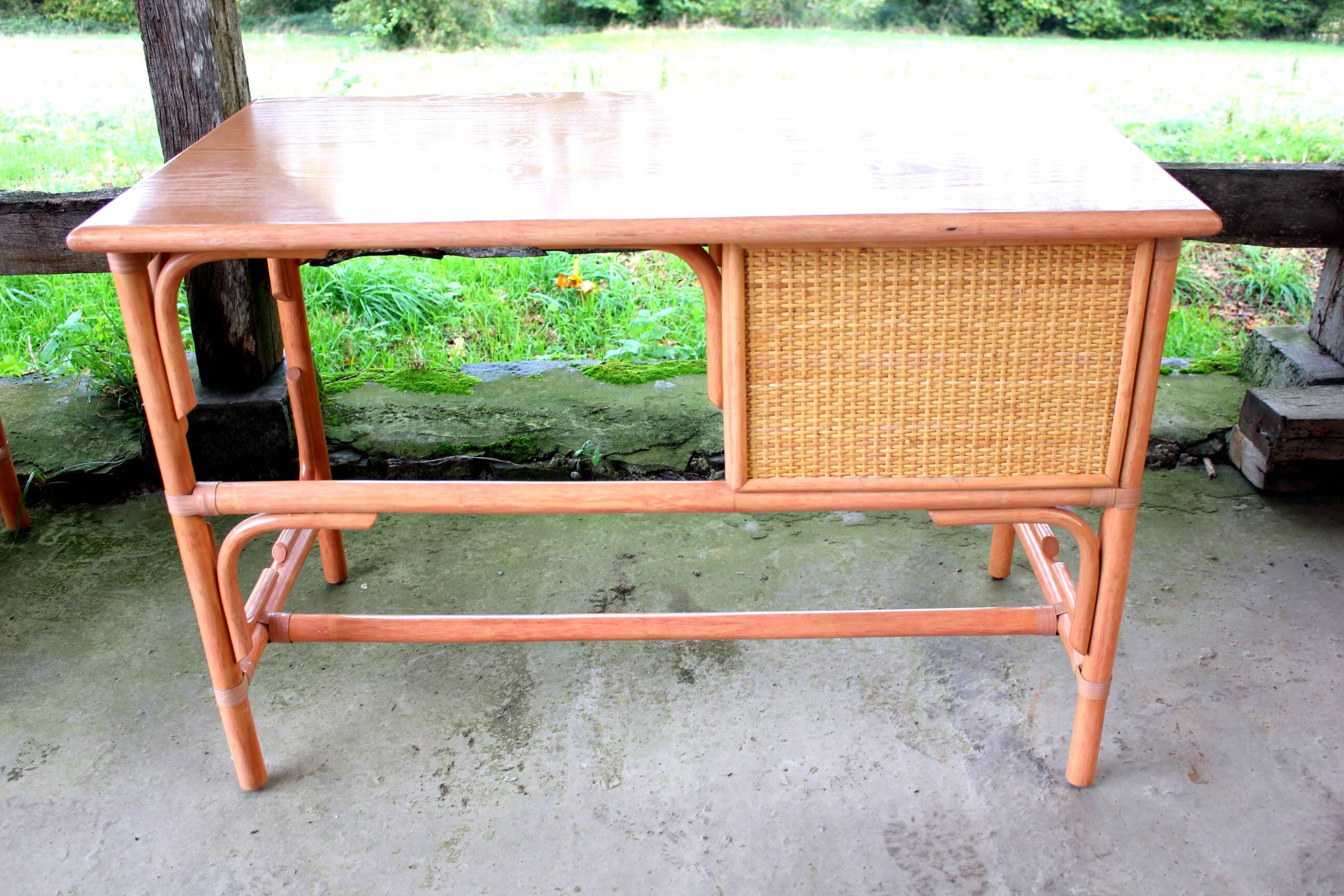 Rattan and beech desk and chair