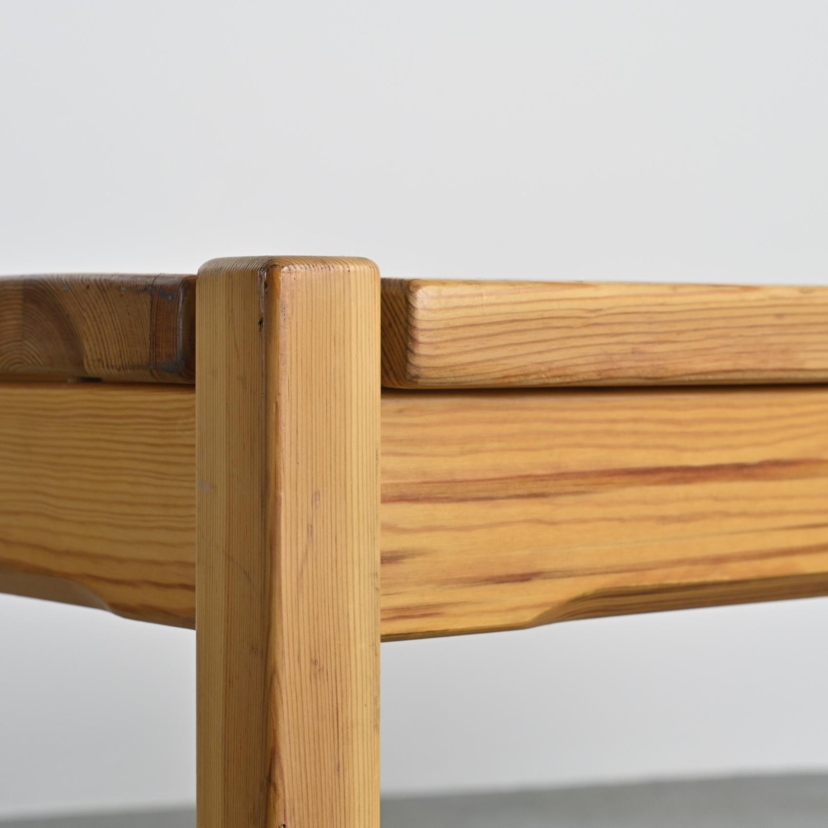 Table and two benches set in solid elm, France, circa 1980