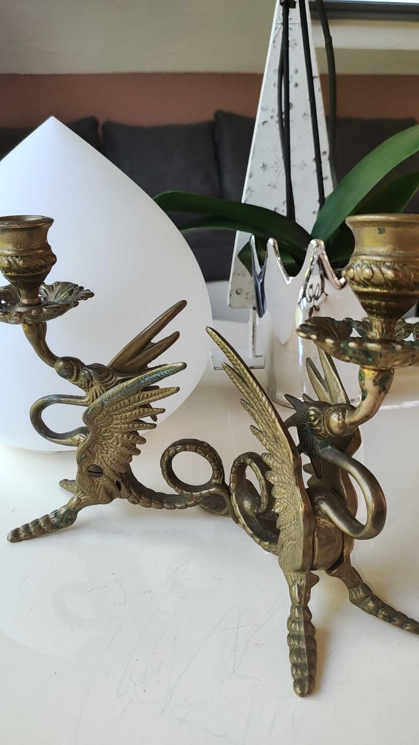 Pair of bougeoirs antiques dragons winged / chimeras / phoenix, style napoleon iii, 19th. in gilded bronze