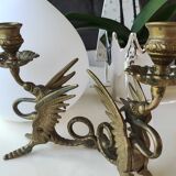 Pair of bougeoirs antiques dragons winged / chimeras / phoenix, style napoleon iii, 19th. in gilded bronze