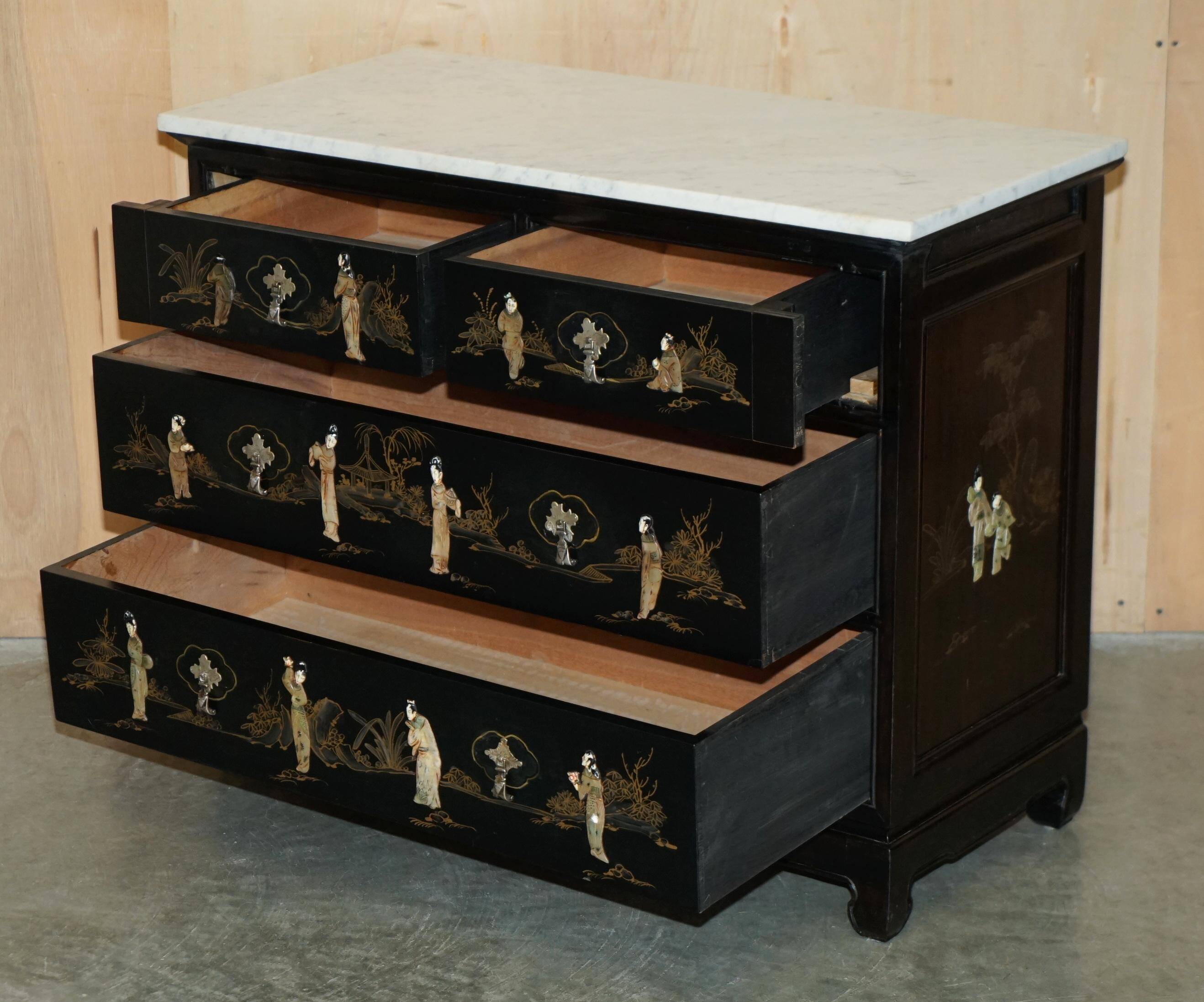 Antique Chinese commode carved in steatite with a marble top.