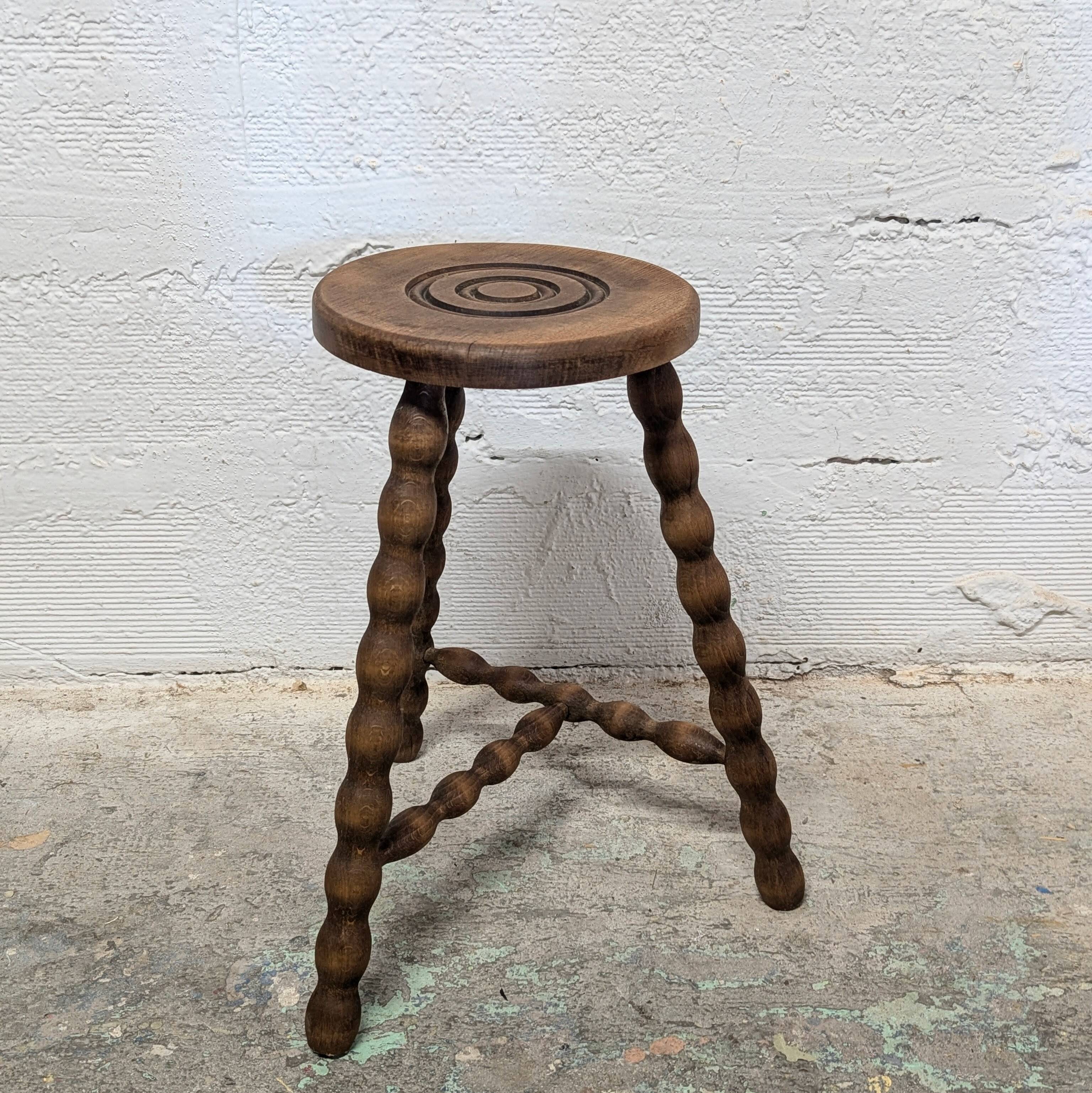 Turned wood tripod stool