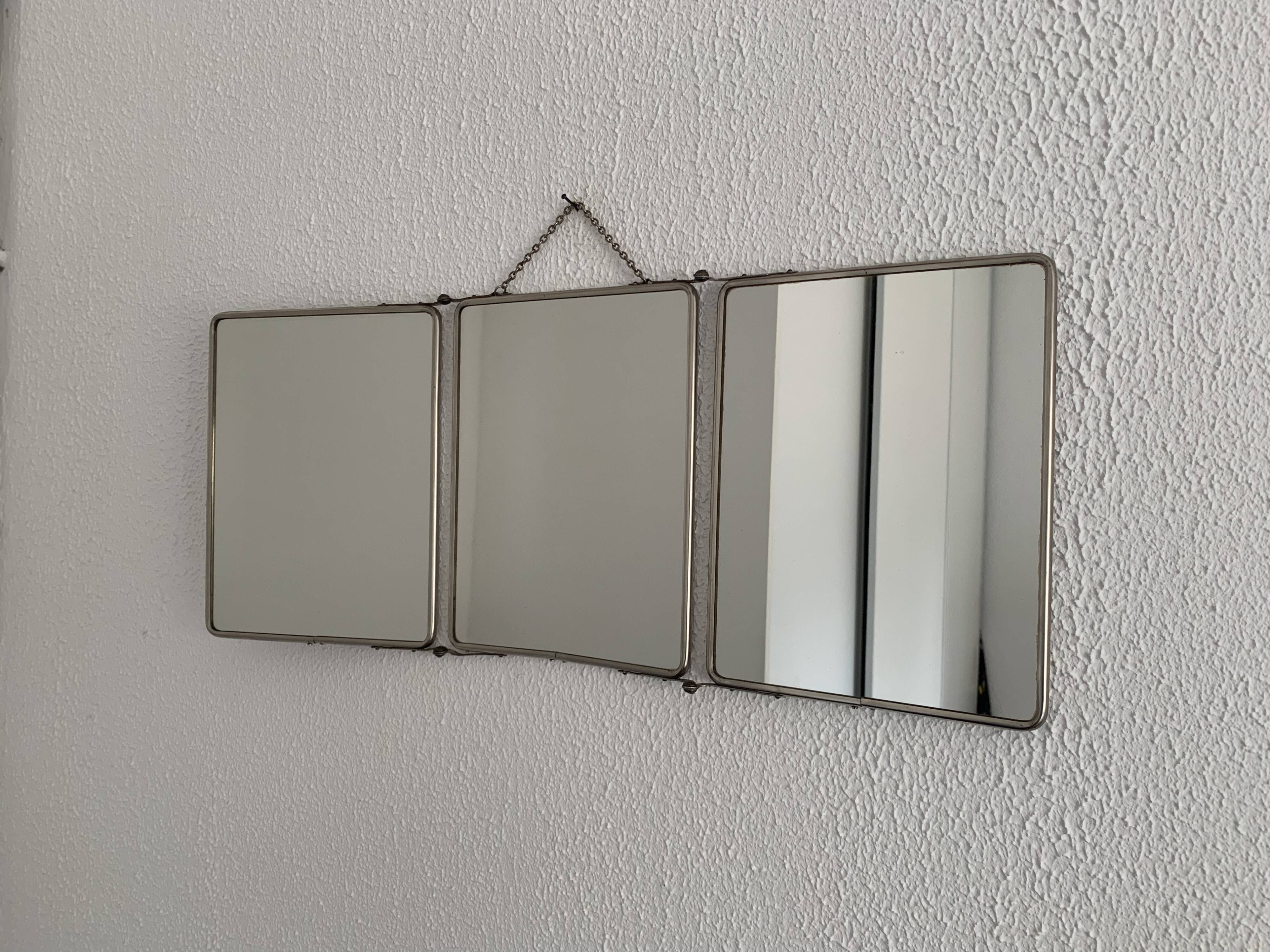 Vintage 1950s triptych barber's mirror, terracotta - 27 x 65 cm