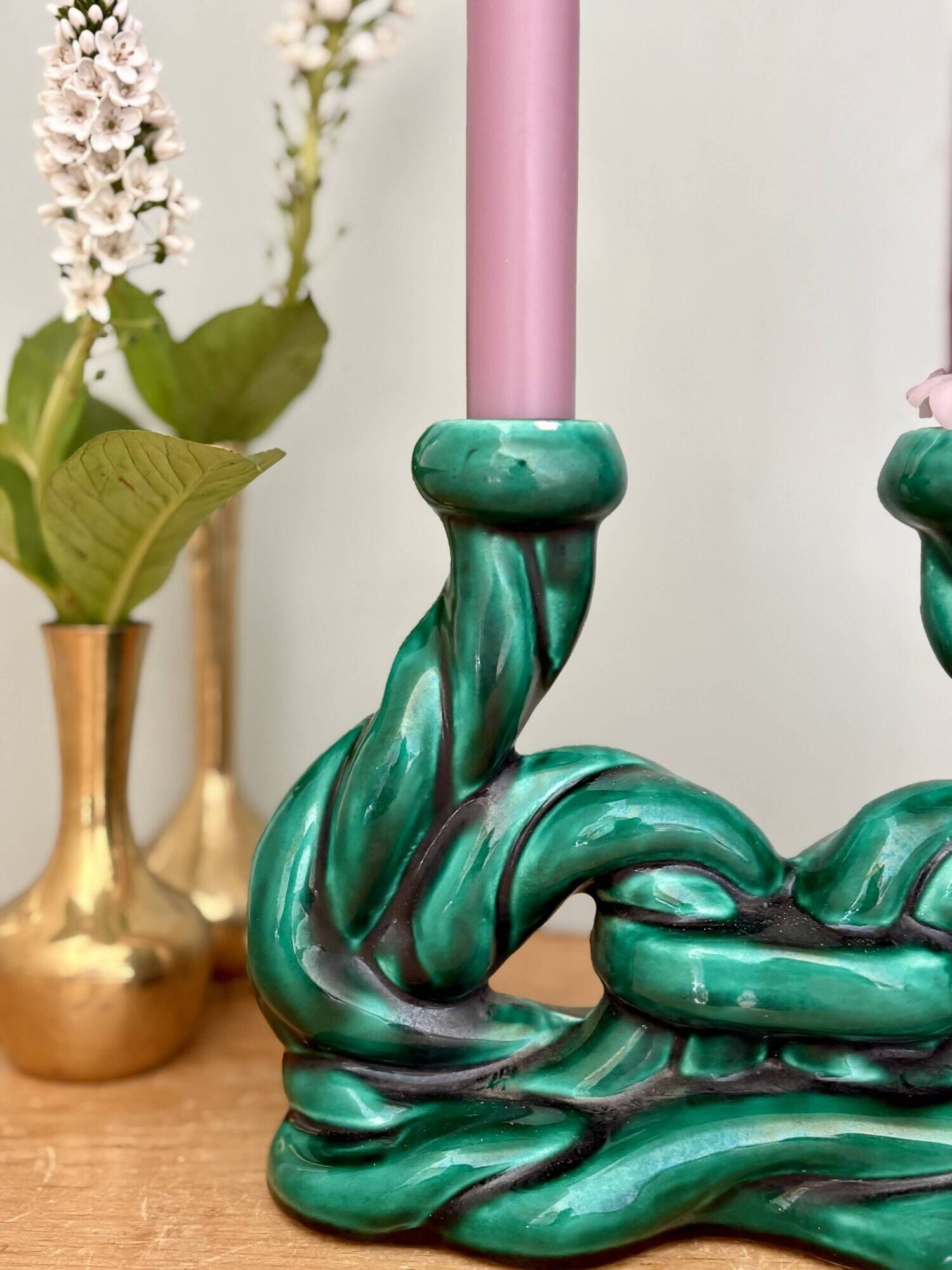 Pair of vintage green ceramic candlesticks signed Hubert Pernin, Vallauris.