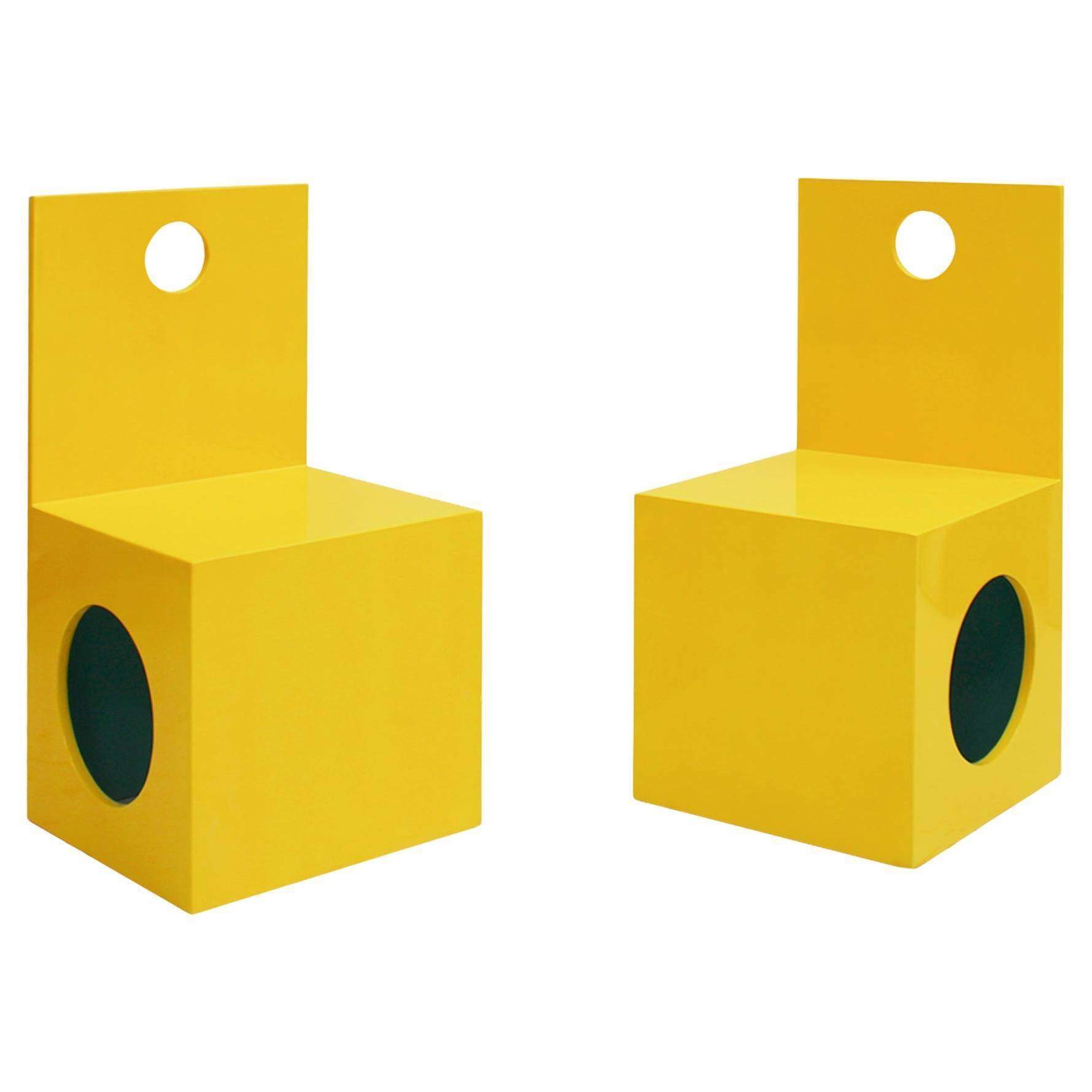 Eighties Yellow and Blue Lacquered Wood Italian 1980s Pair of Sculpture Chairs