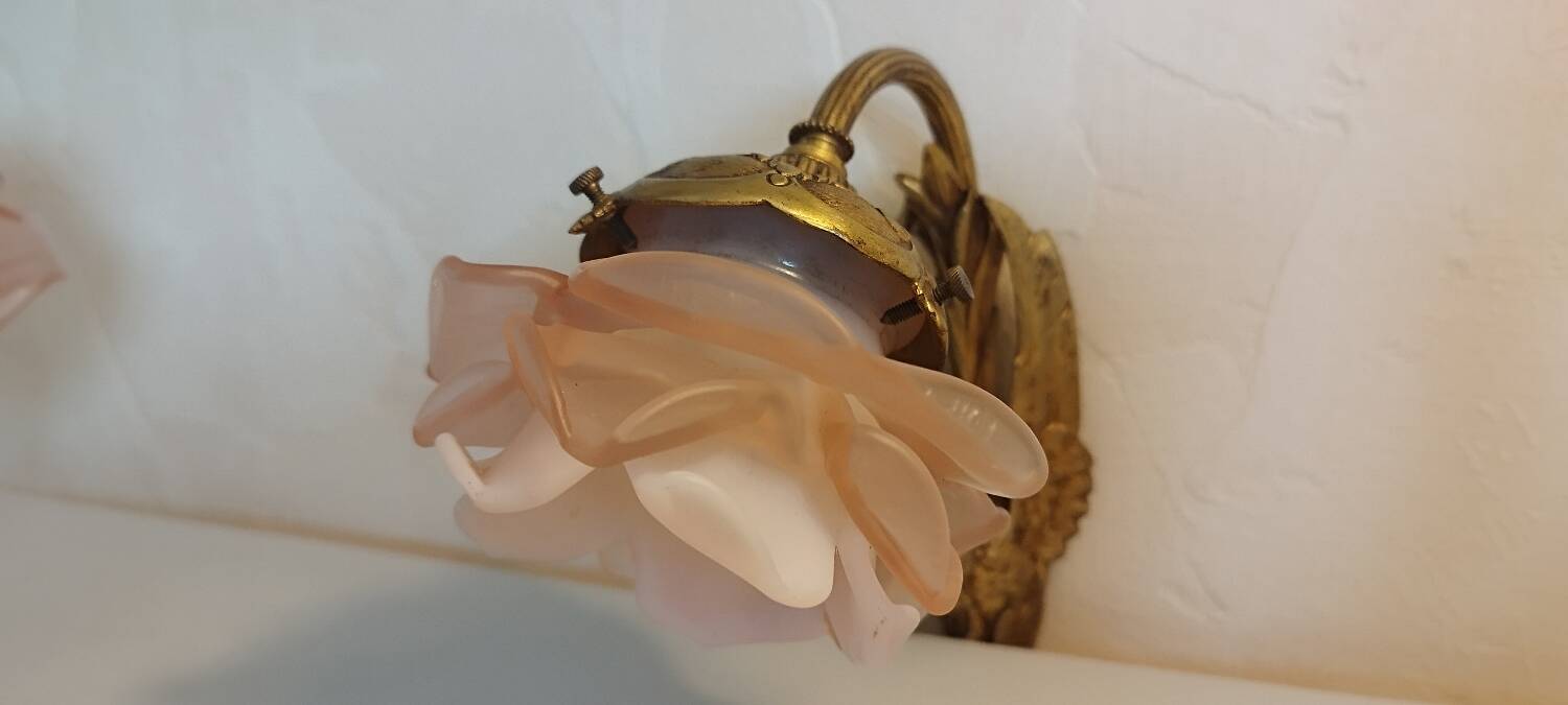 Pair of bronze swan and pink tulip wall lights in glass paste