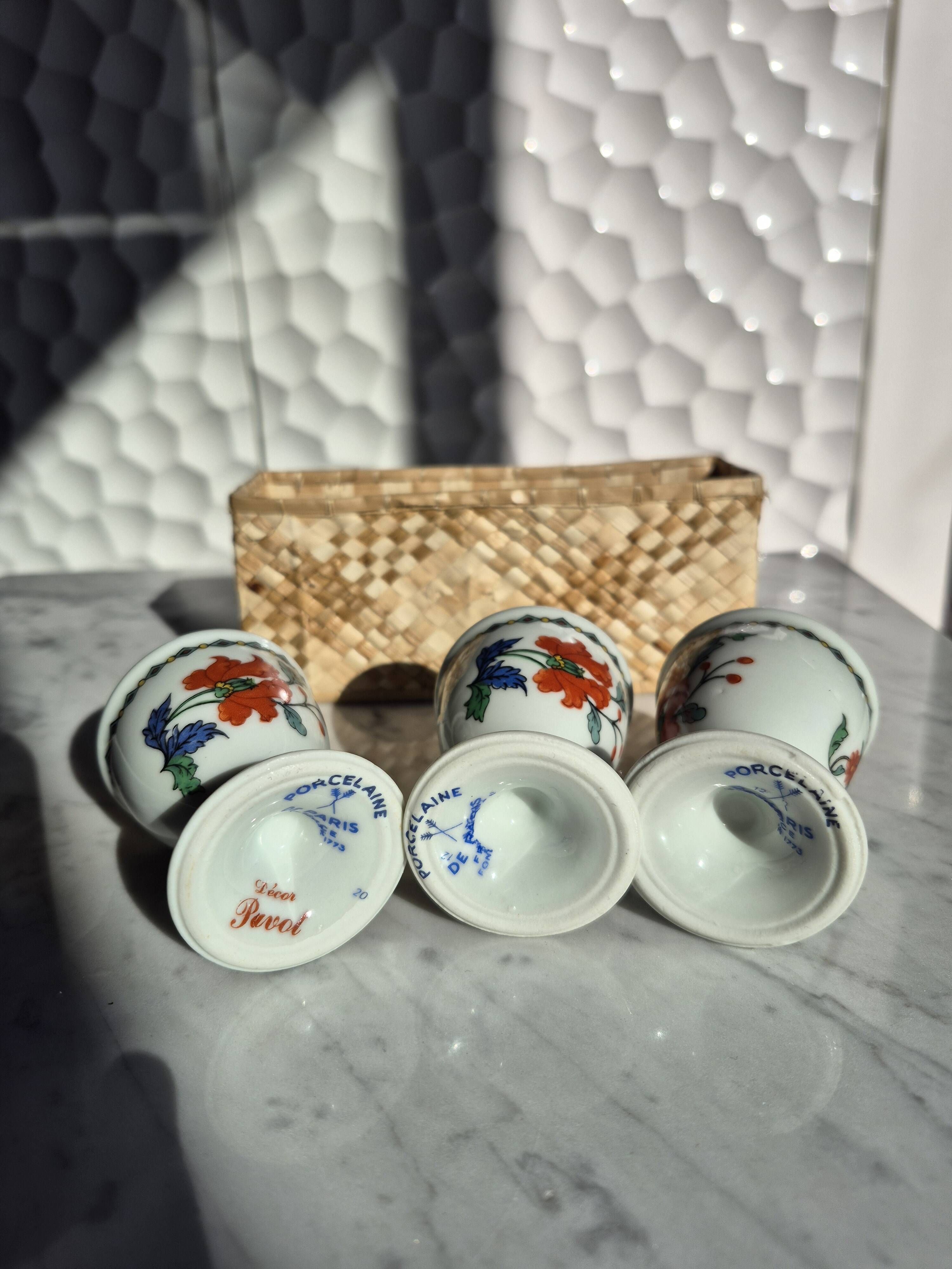 Vintage porcelain egg cup trio from Paris – Poppy & basket decor