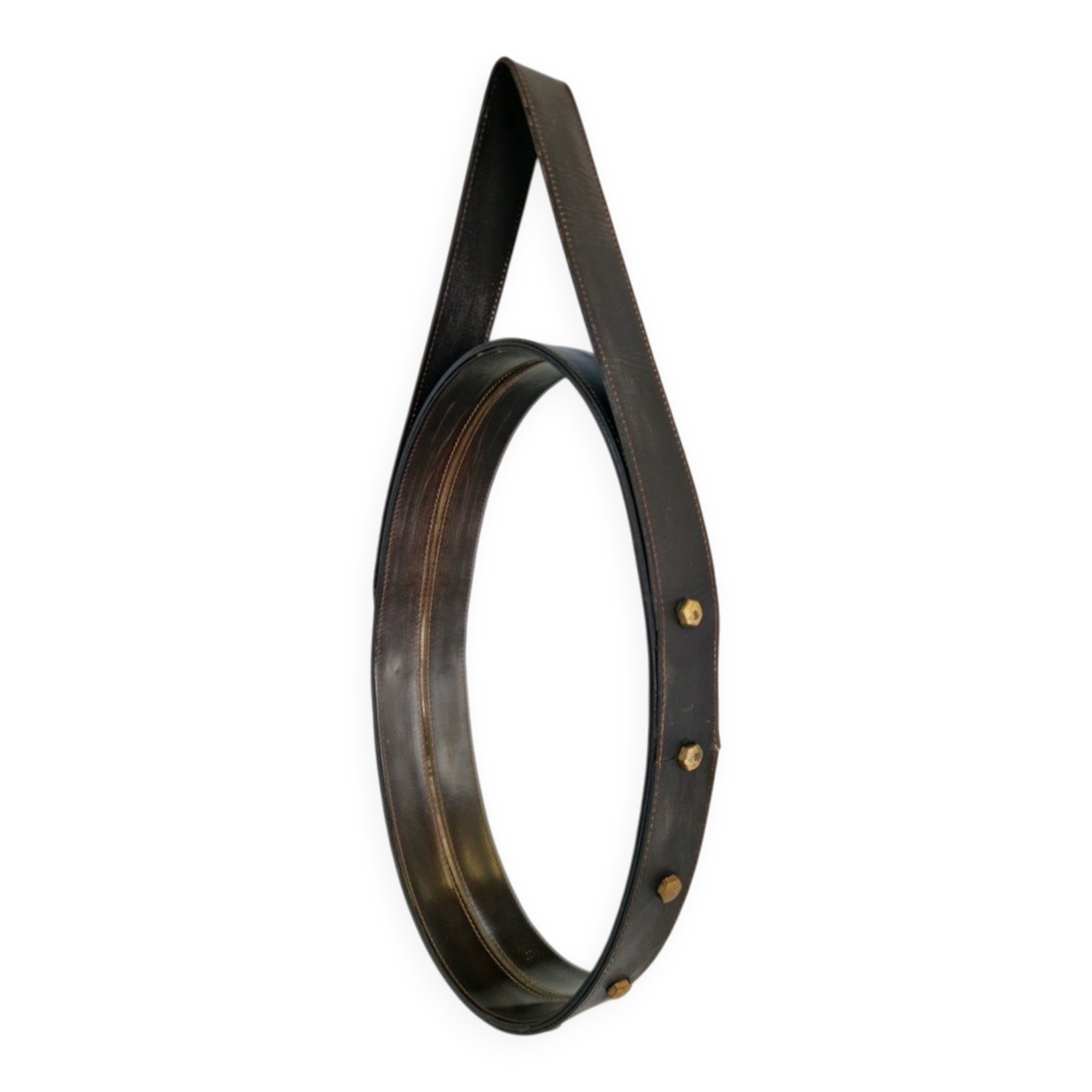 Florentine Oval Leather Mirror in Brass by Jacques Adnet, 1960s