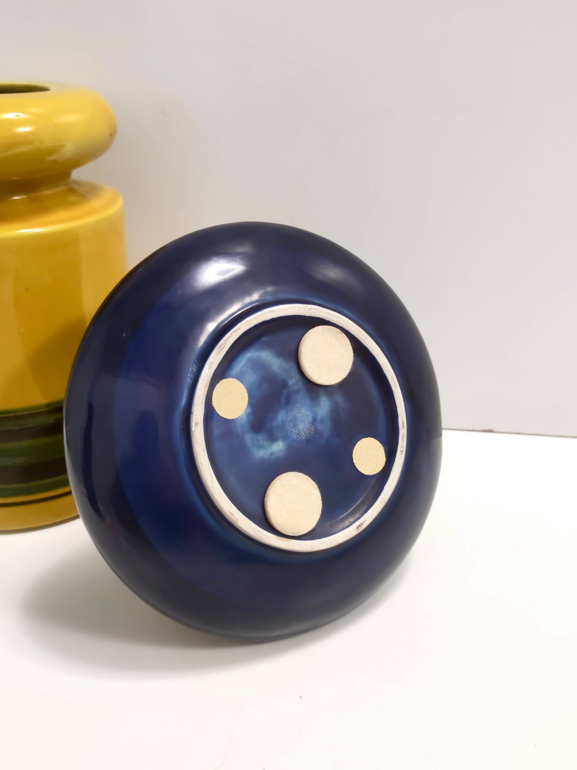 Set of Three Postmodern Blue and Yellow Glazed Vase and Bottles by Parravicini