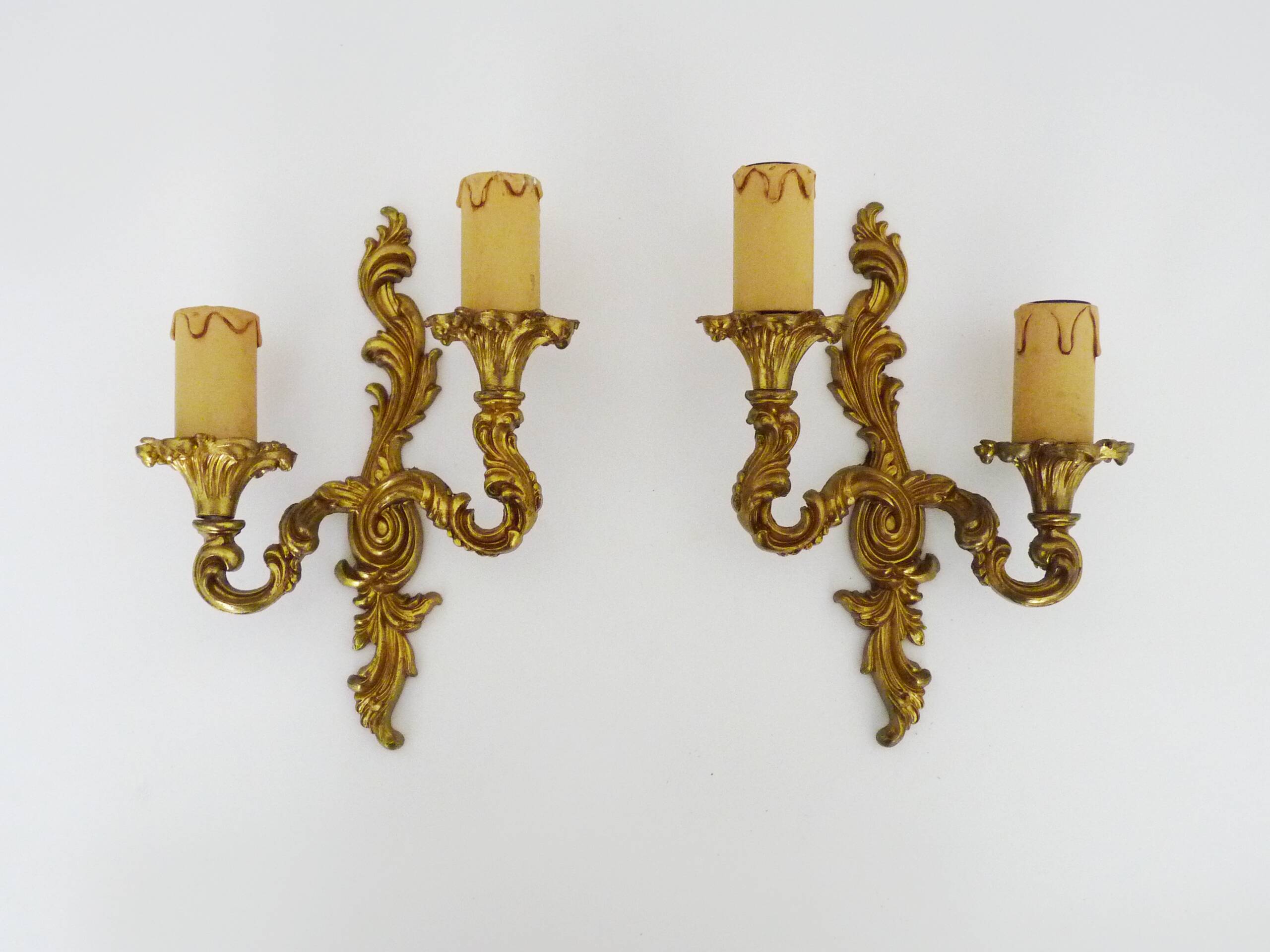Antique pair of double-light brass wall sconces, 1960s