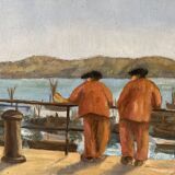 Small painting on masonite representing sailors