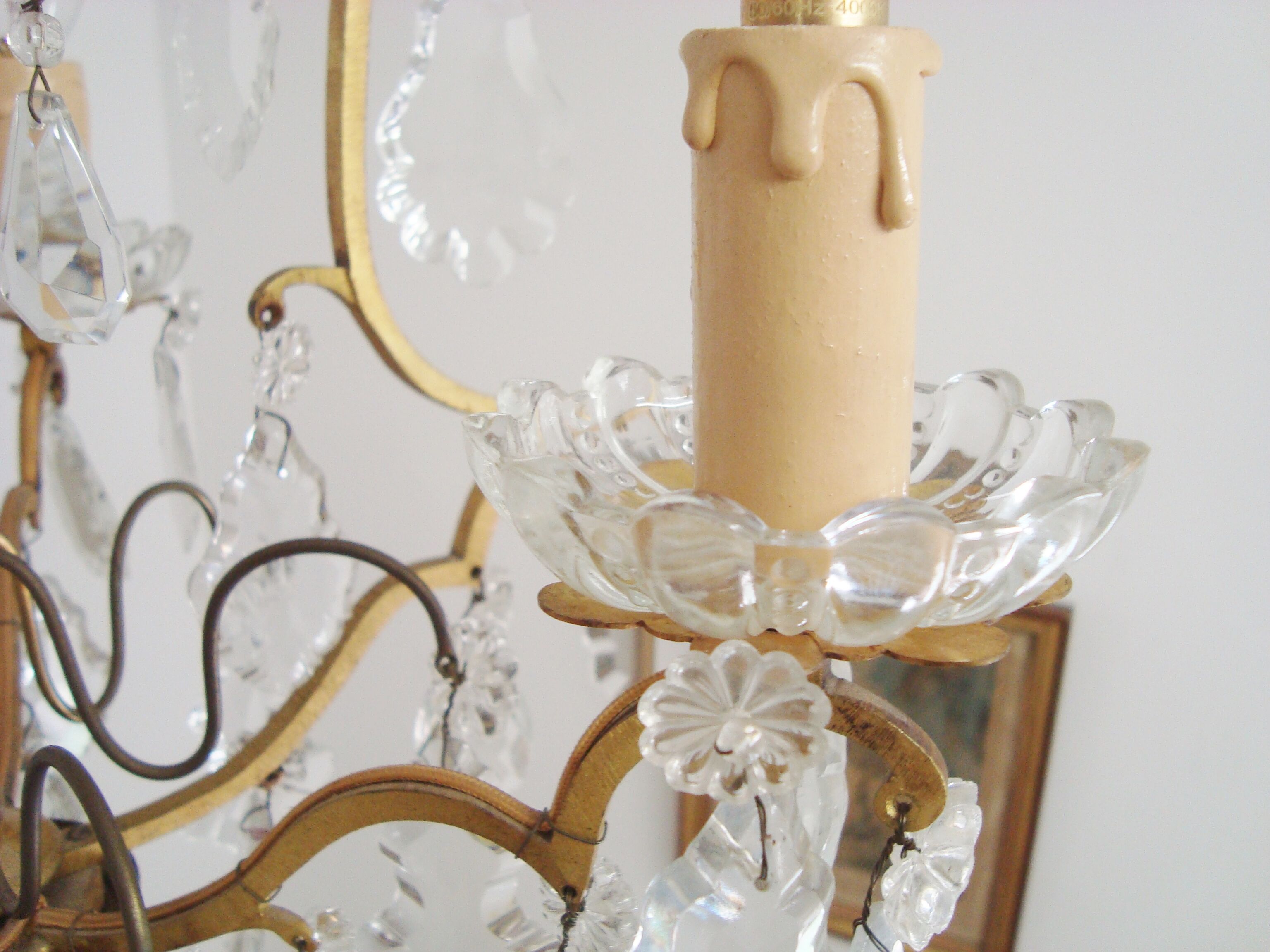 Vintage grapefruit chandelier with three lampshades in Toile de Jouy fabric