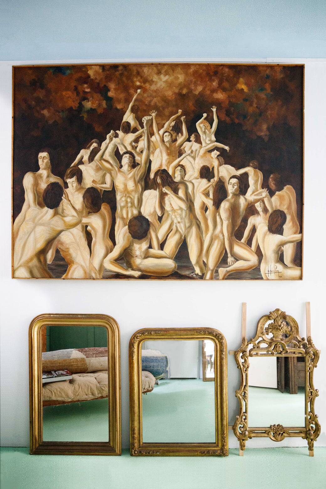 Grande peinture à l'huile "Purgatoire" des années 70