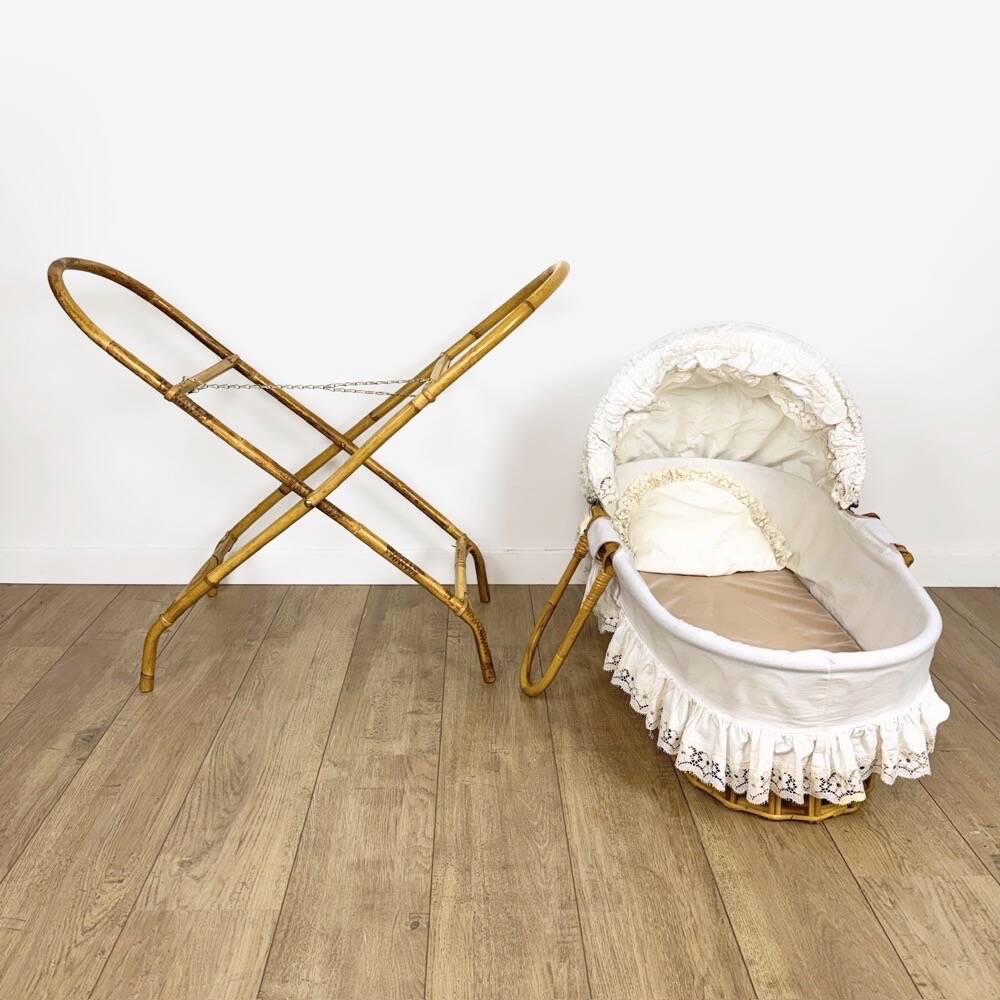 Bamboo bassinet on a stand, bohemian 1970s.
