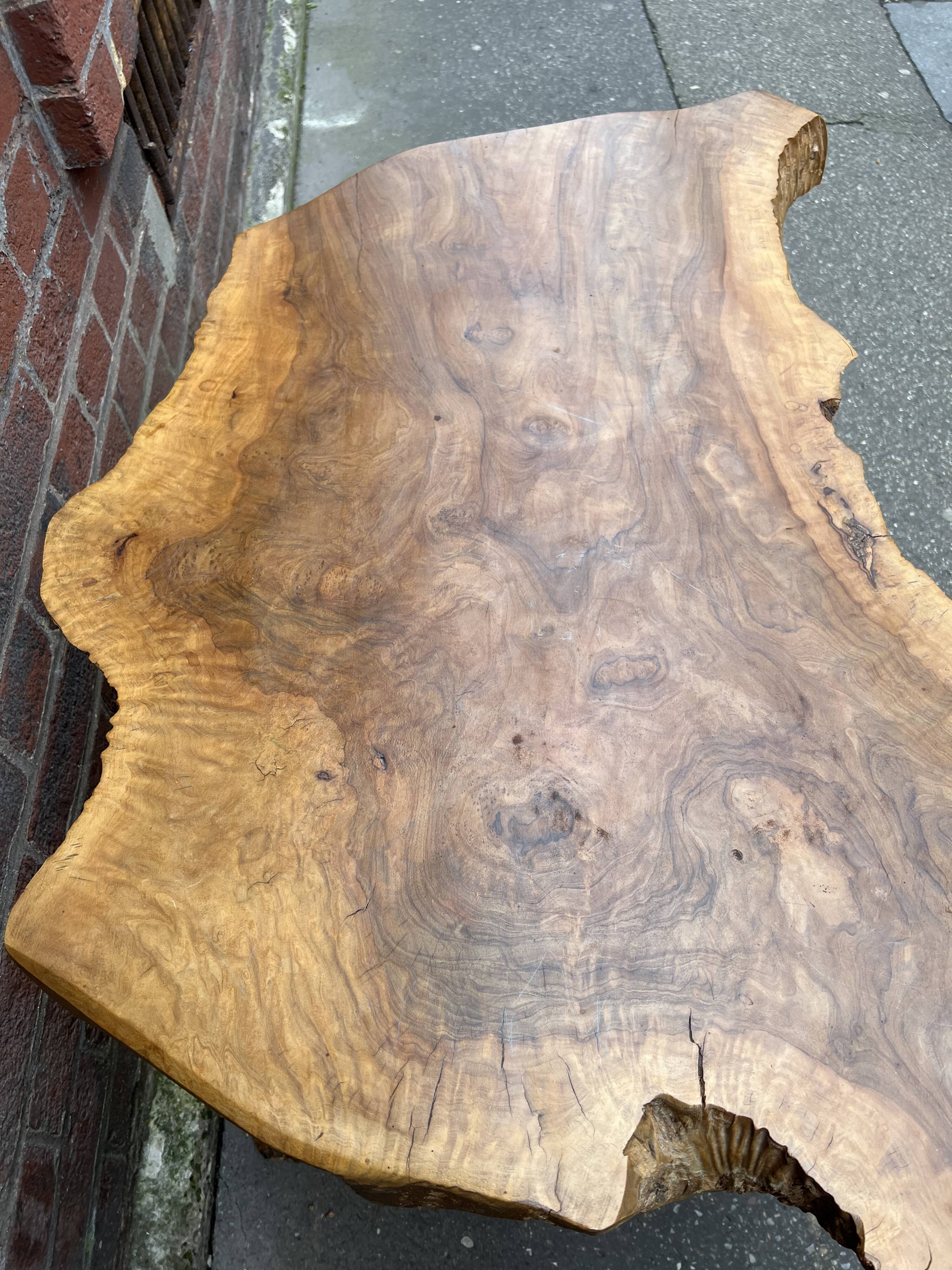 Brutalist coffee table in solid olive tree, period around 1960