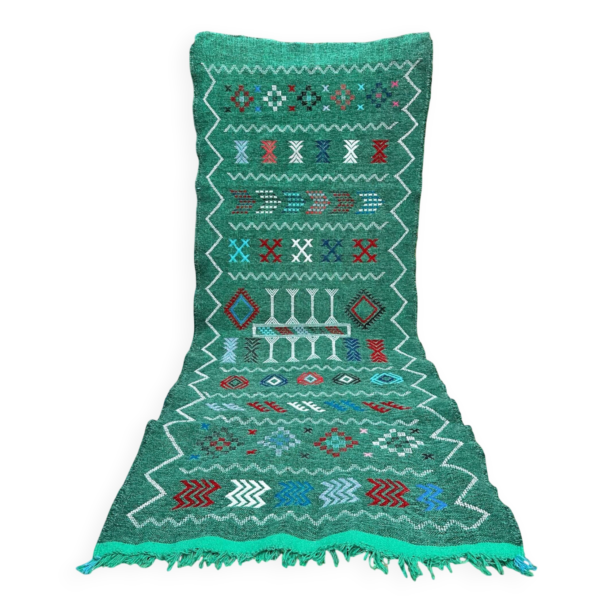 Handwoven green Moroccan hallway rug with geometric patterns.