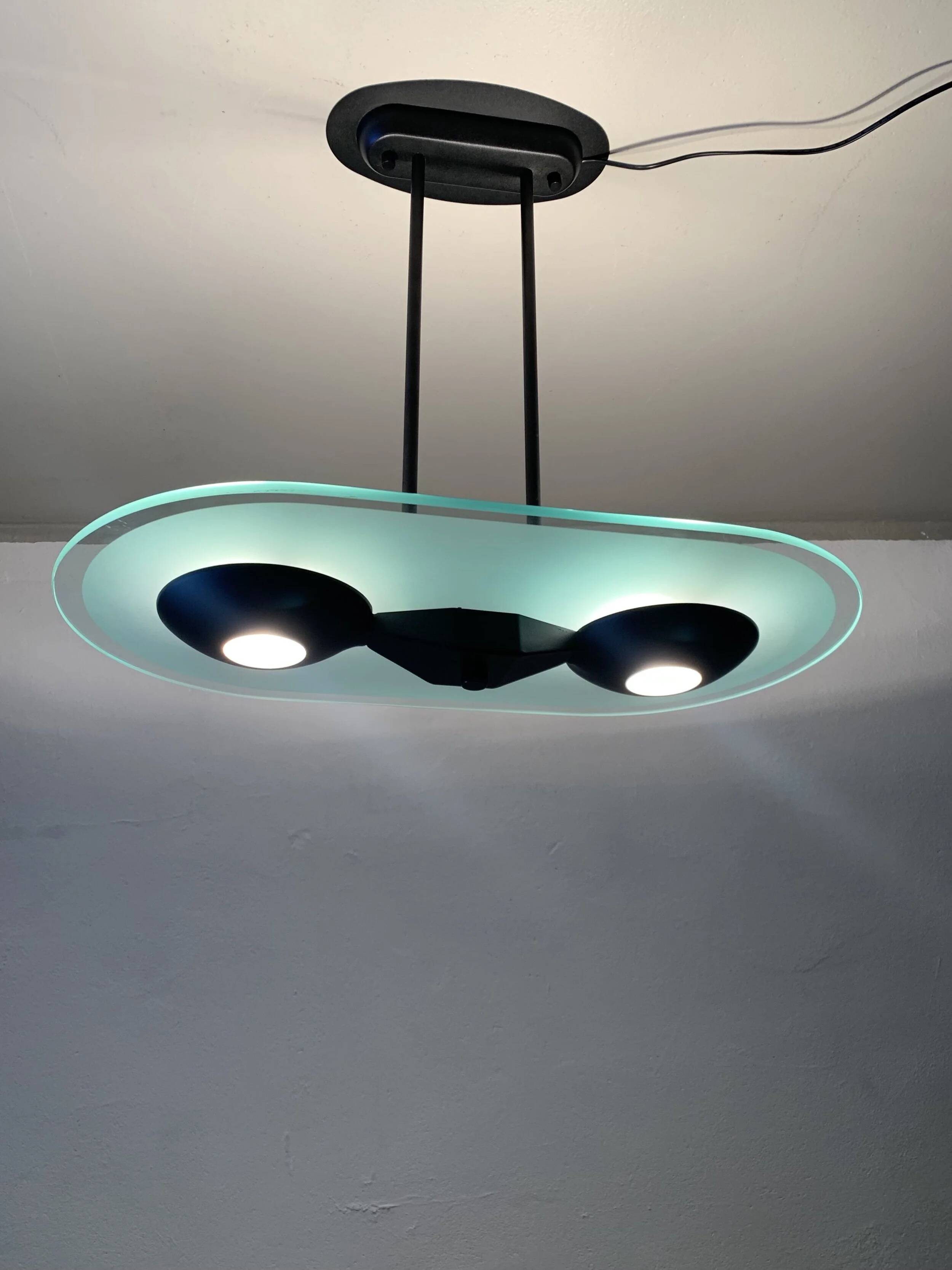 Plafonnier postmoderne en métal noir et verre | Années 1990