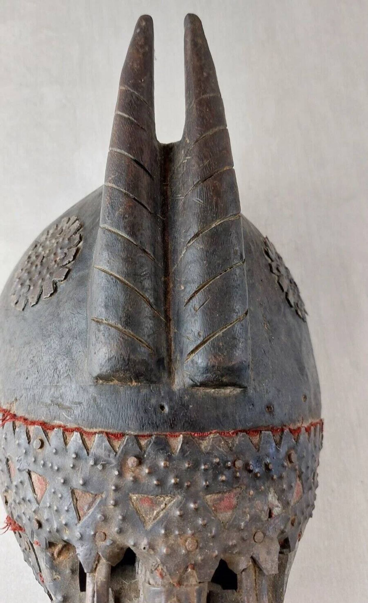 Antique African mask, carved wood and metal plates, Marka Mali