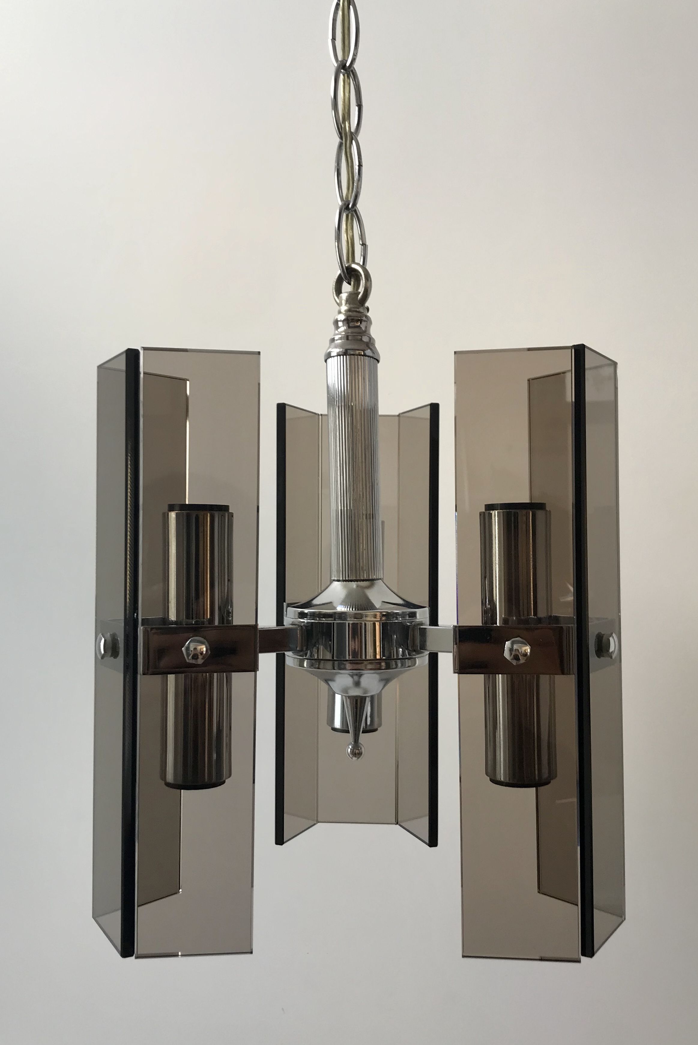 Chrome metal pendant lamp and smoked glass futuristic style 70s