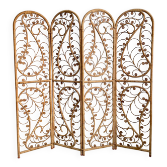 Vintage Four-part Rattan Peacock Screen, Room Divider, 1950s