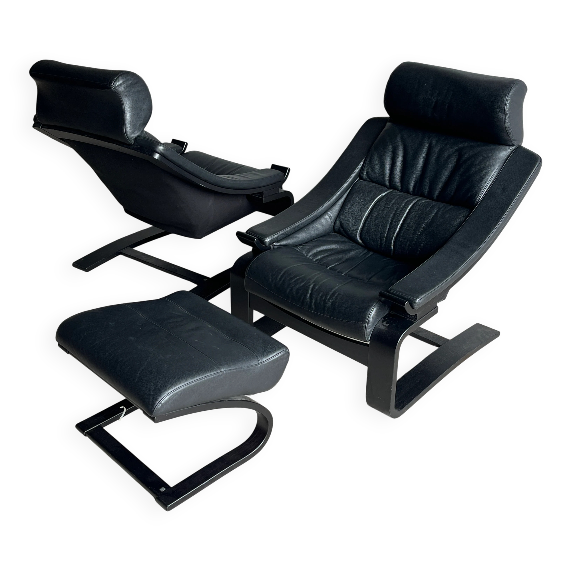 Set of 3 Nelo Kroken lounge chairs in black leather, 1970s.