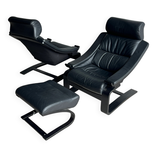Set of 3 Nelo Kroken lounge chairs in black leather, 1970s.