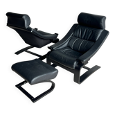 Set of 3 Nelo Kroken lounge chairs in black leather, 1970s.