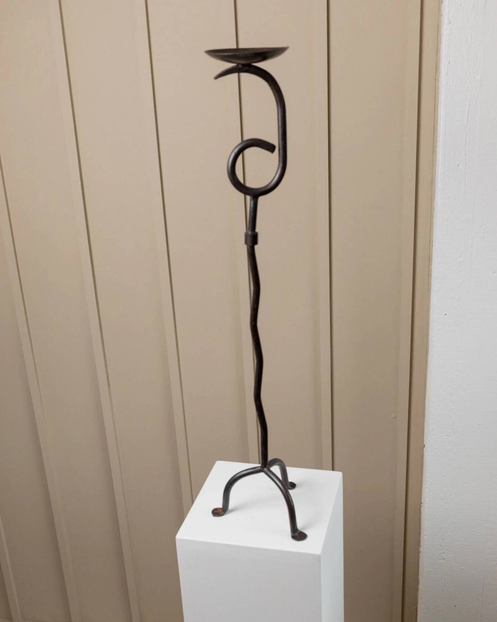 XXL vintage hand-forged iron candlestick, black iron, brutalist wave design, Made in Italy 1970s