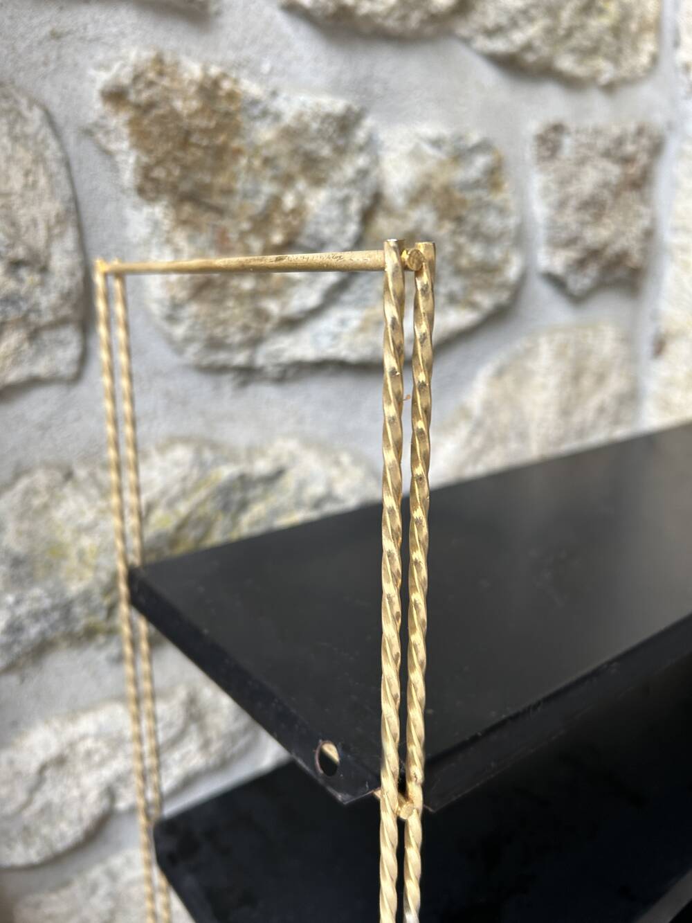 Double gold metal string shelves and black trays, vintage, 60s