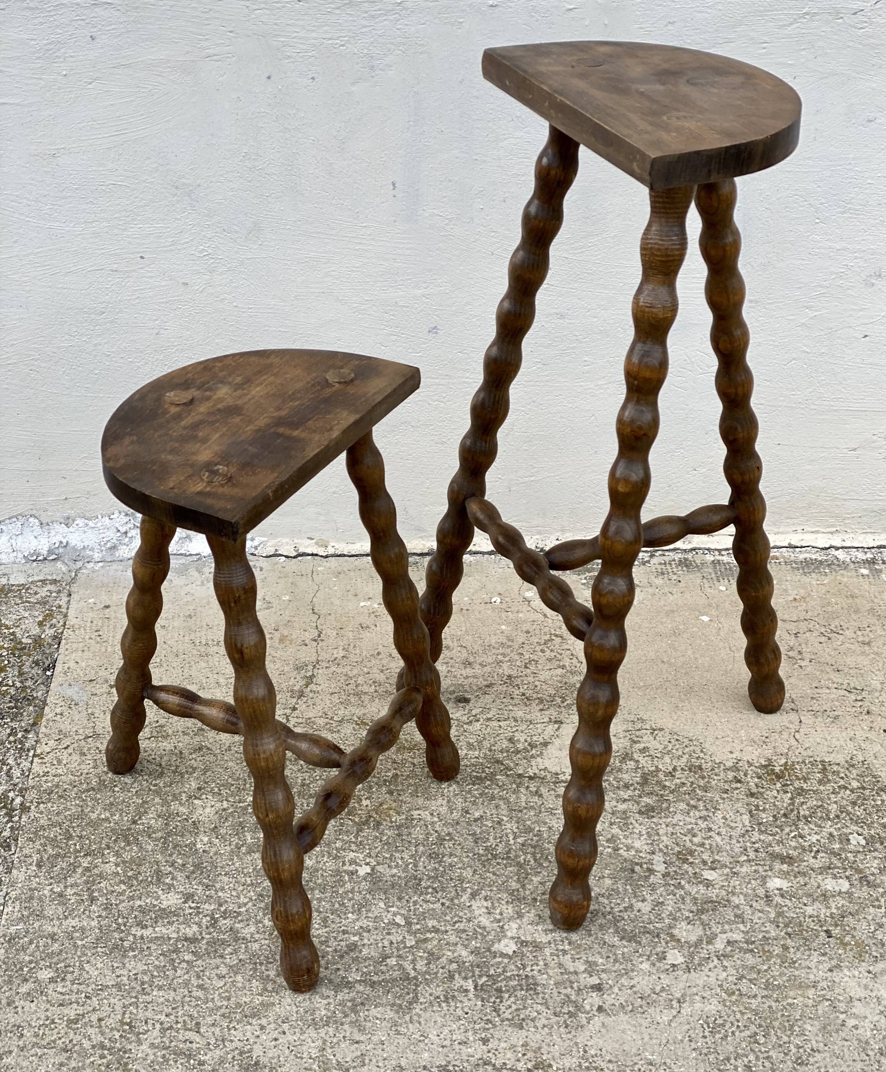 Set of 2 tripod stools with turned legs, vintage plant holder, 1960s
