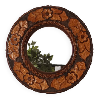 Round vintage carved wooden mirror