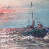 1950's Large Swedish Mid-Century Oil On Canvas " Sailing at Sunset " by Johan Ossian Andersson