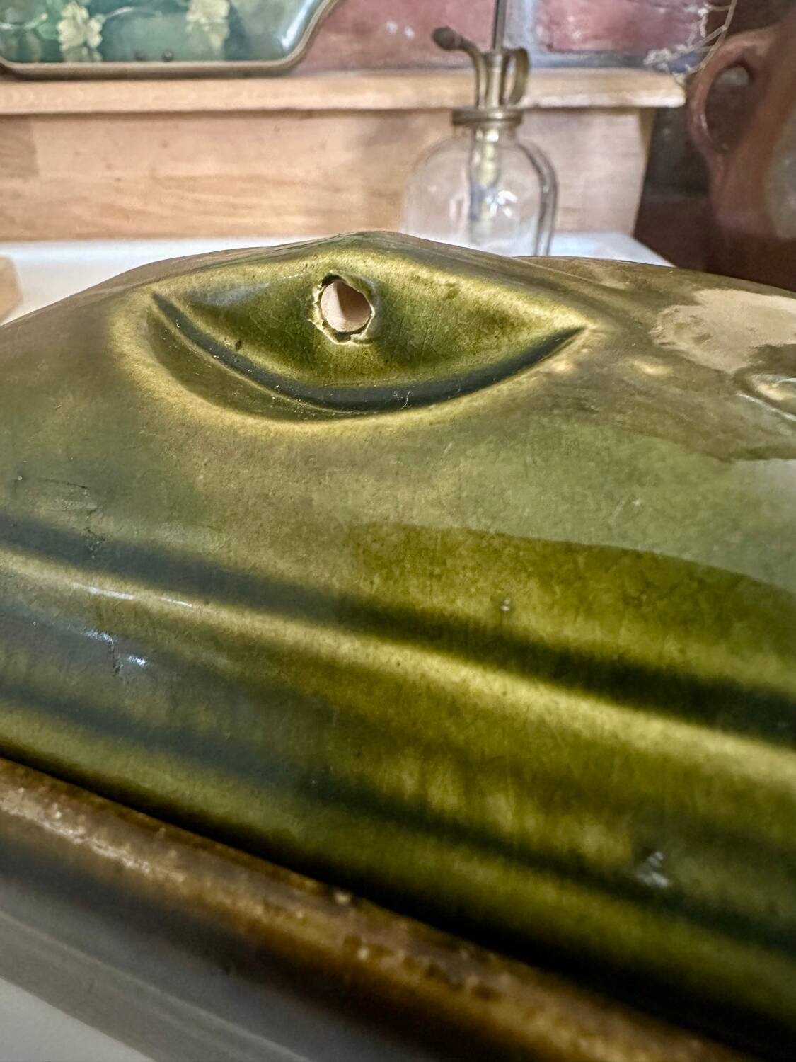Vintage green majolica butter dish