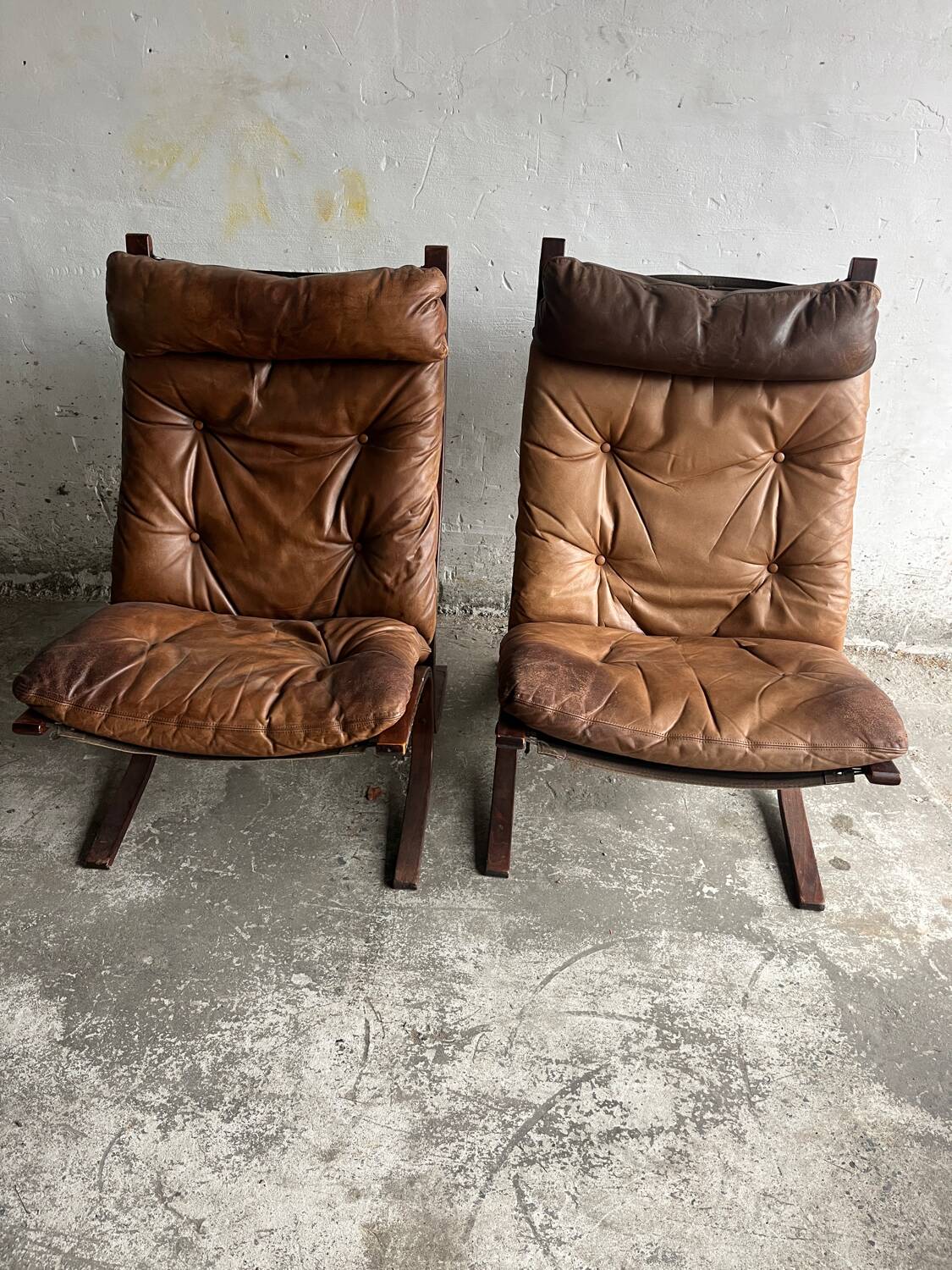 Siesta armchair by Ingmar Relling with ottoman — bentwood dark brown frame, cognac leather