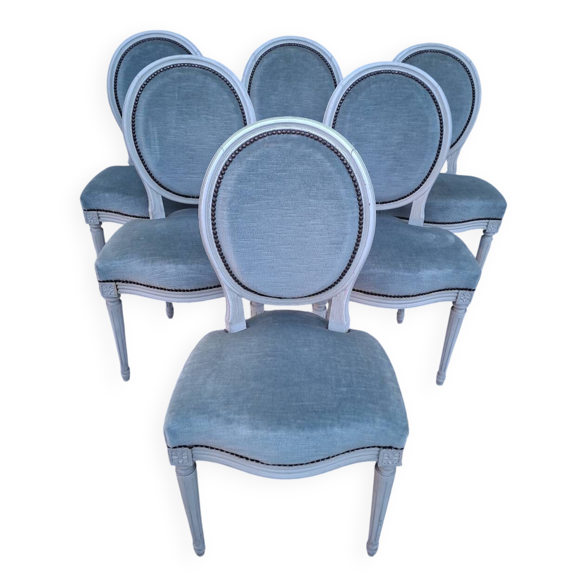 Set of 6 Louis XVI style patinated medallion chairs.