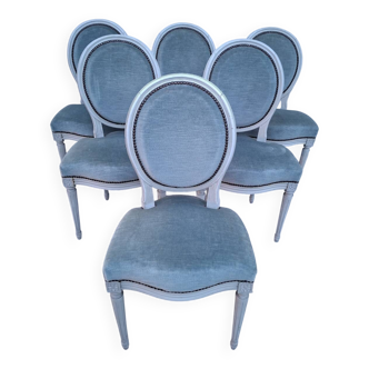Set of 6 Louis XVI style patinated medallion chairs.