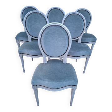 Set of 6 Louis XVI style patinated medallion chairs.