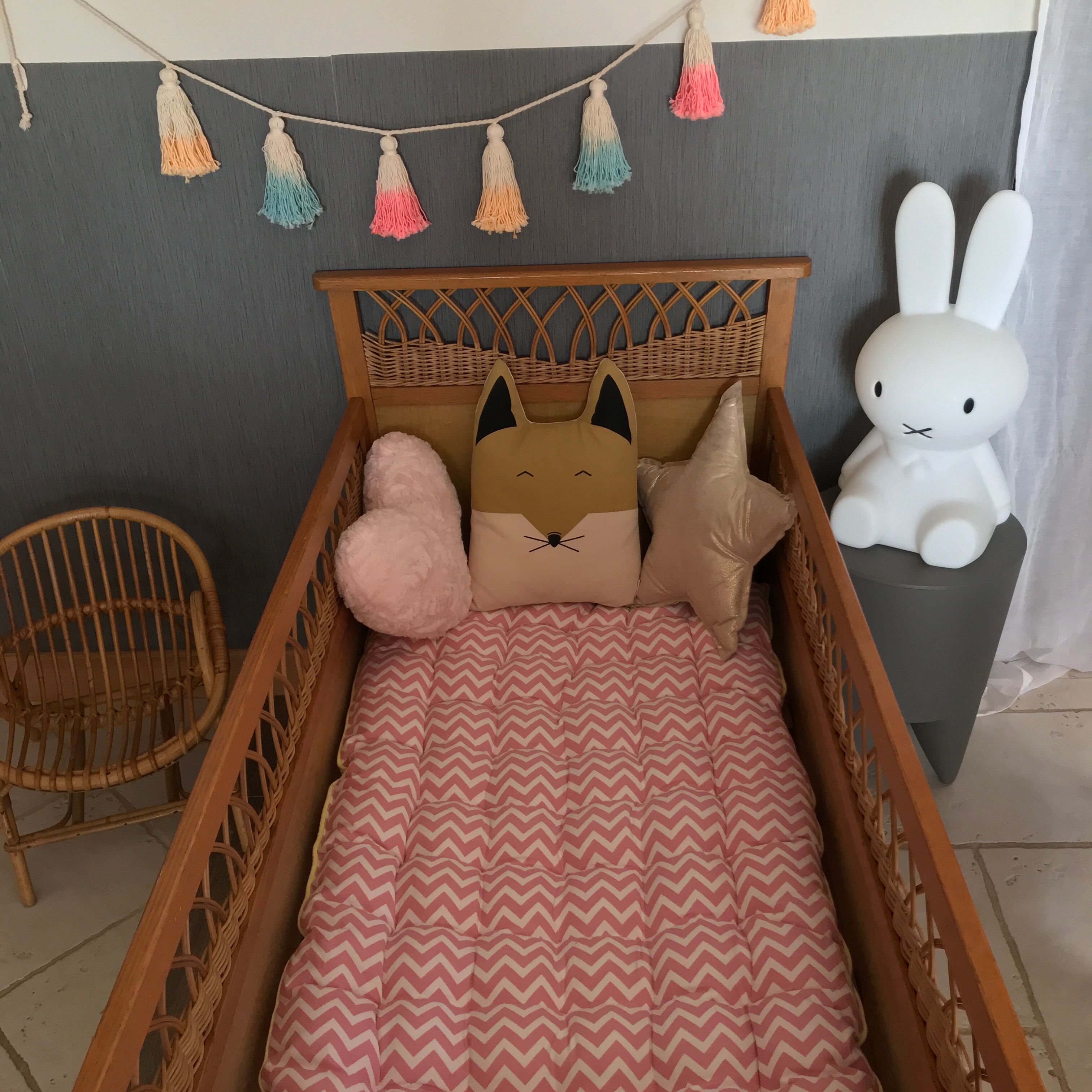 Vintage wood and rattan year 60 baby bed