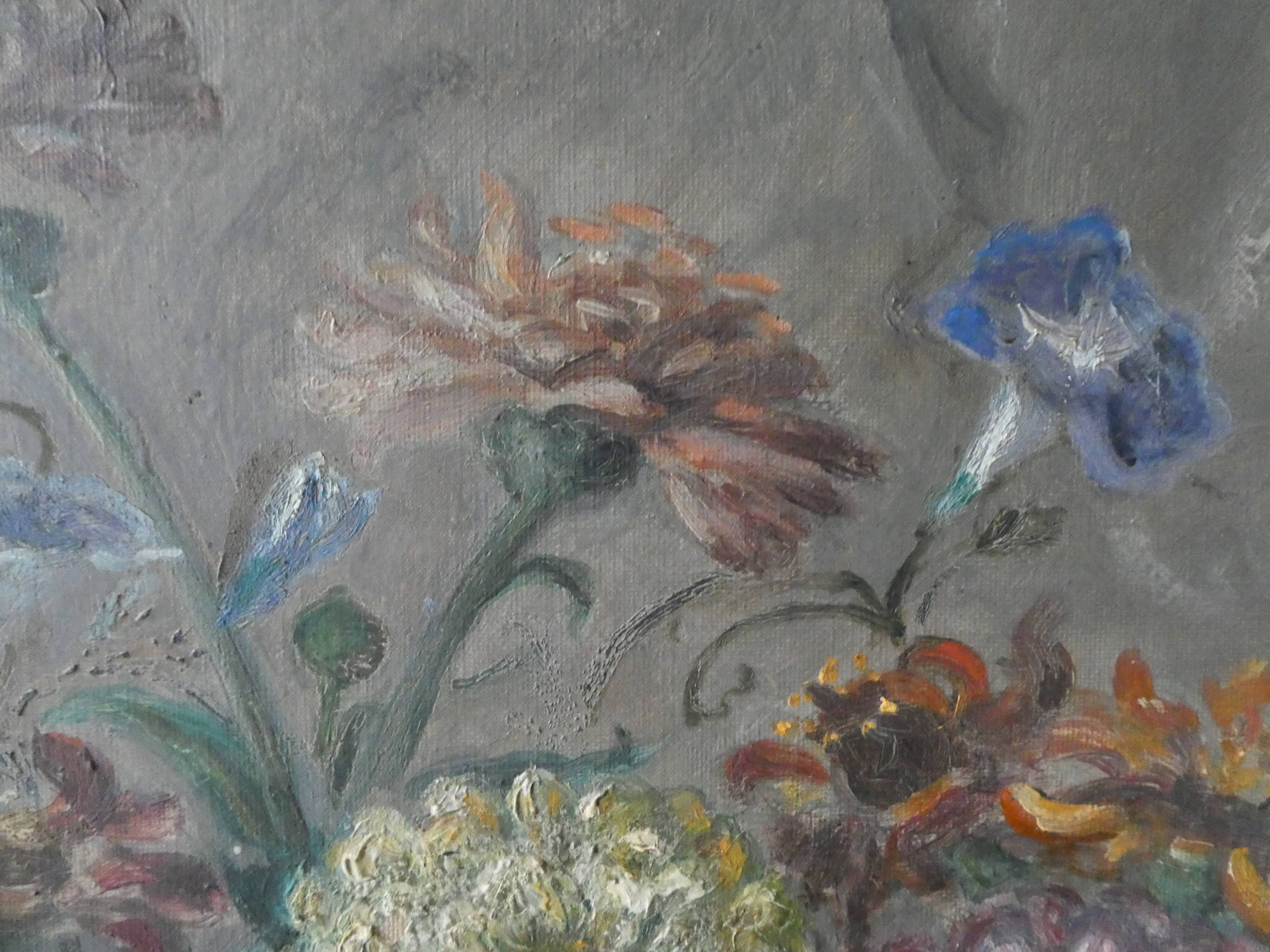 Table, oil on canvas, bouquet of flowers, signed