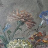Table, oil on canvas, bouquet of flowers, signed