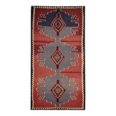 Vintage Burgundy Grey Kilim Runner Rug, 1970s Wool Flatweave 325 x 148 cm