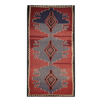 Vintage Burgundy Grey Kilim Runner Rug, 1970s Wool Flatweave 325 x 148 cm