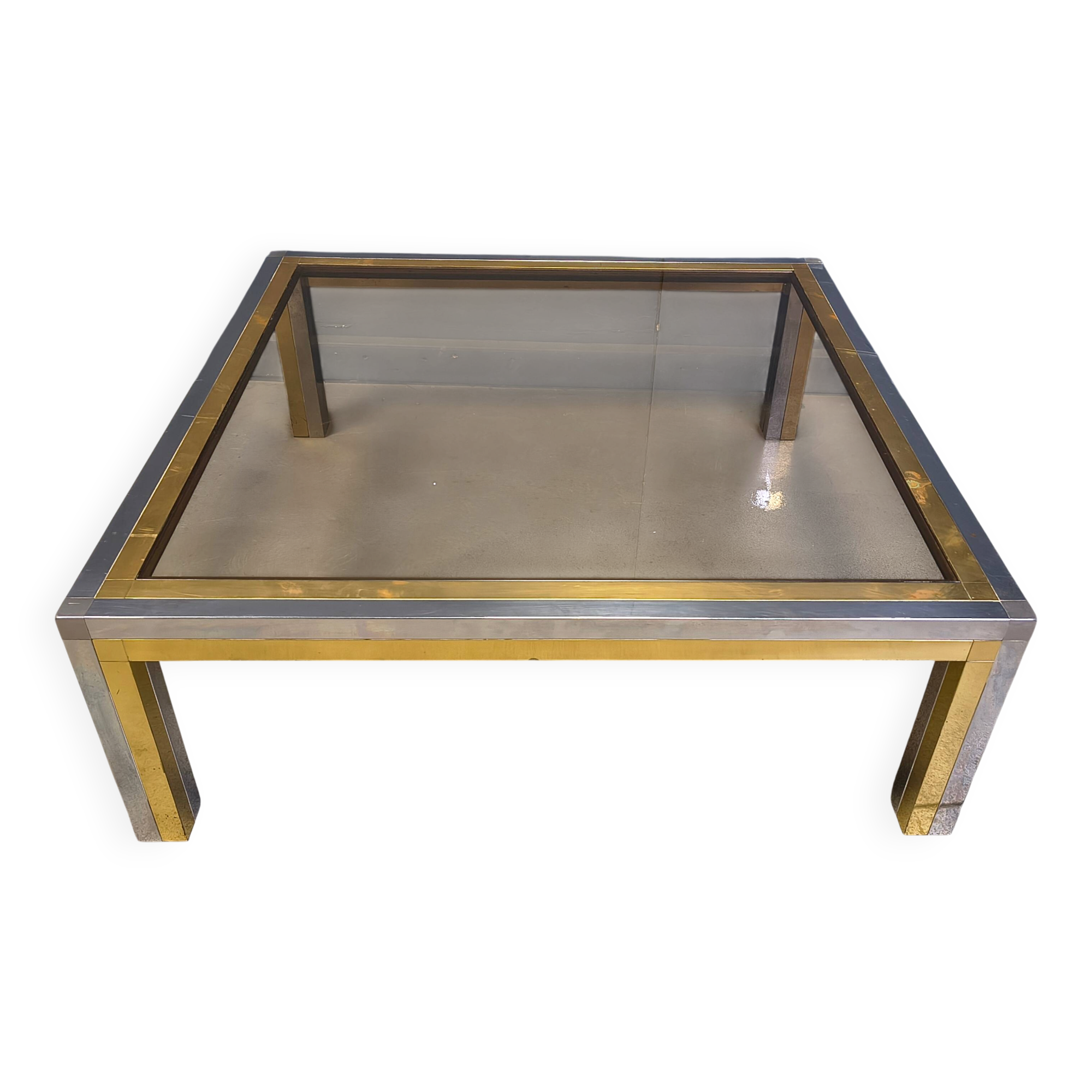 Table basse vintage en chrome et laiton dans le style de Romeo Rega, années 1970.